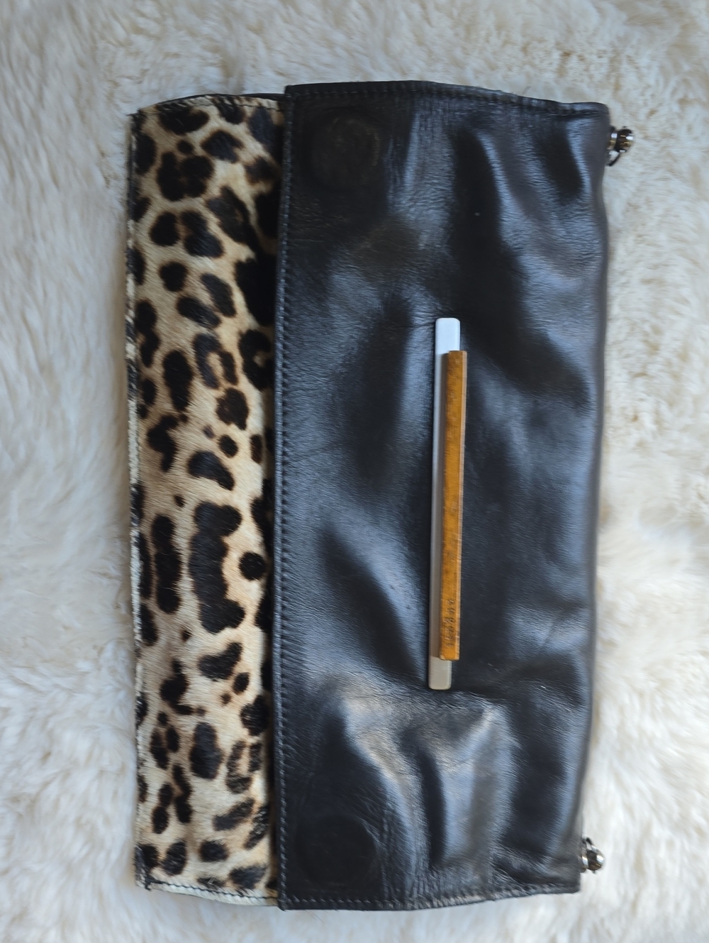 August Black Leather Clutch with Metal Nameplate